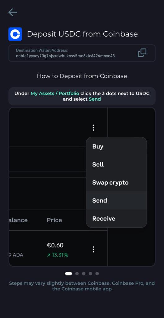 Deposit UI from the SONAR Wallet. Shows how easy the deposit of USDC from Coinbase is.